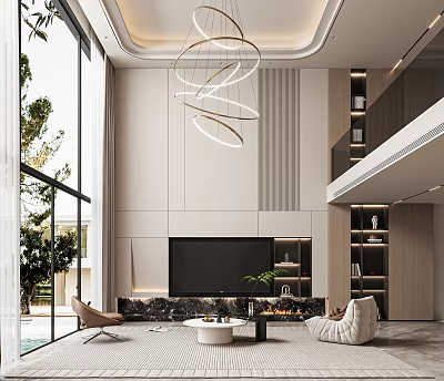 Modern Duplex Living Room Interior With High Ceilings Hanging Lights And TV Wall 3d model