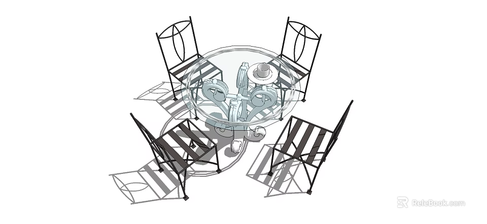 Modern Round Glass Top Dining Table With Four Slatted Back Chairs 3d model 