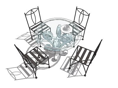 Modern Round Glass Top Dining Table With Four Slatted Back Chairs 3d model