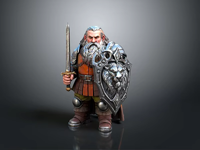 Detailed Dwarf Warrior 3D Model With Sword Shield Lion Design And Armor 3d model