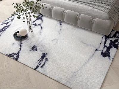 Modern Blue And White Marble Pattern Square Area Rug In Living Room With Grey Sofa 3d model