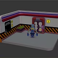 Yellow Robot In Room With LEVEL Sign Blue Glowing Object Warning Stripes And Door 1