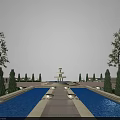 Serene Garden Landscape With Central Fountain Pool Pathway And Lined Trees