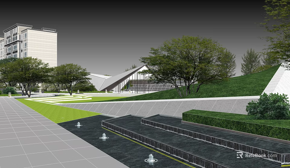 Modern Garden Landscape With Architecture Trees Lawn Fountains And Trimmed Hedges 3d model 