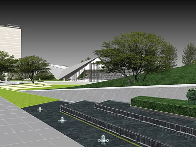 Modern Garden Landscape With Architecture Trees Lawn Fountains And Trimmed Hedges 3d model