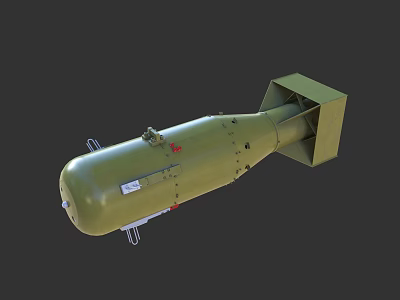 Green Military Bomb With Tail Fin Metal Components And Hooks Design 3d model