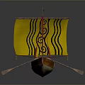 Model Boat With Yellow Sail Black Wave Spiral Patterns Wooden Hull Red Masts And Oars