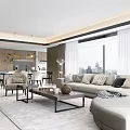 Modern Living and Dining Room Interior with Open Concept Sofa Coffee Table and Large Windows