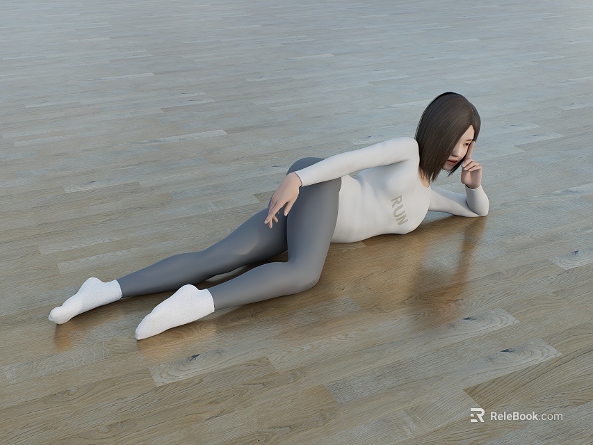Woman Lying on Wooden Floor Wearing White Top Gray Leggings and White Socks 3d model 