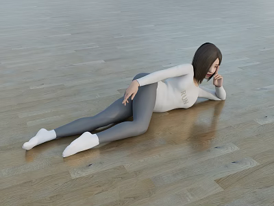 Woman Lying on Wooden Floor Wearing White Top Gray Leggings and White Socks 3d model