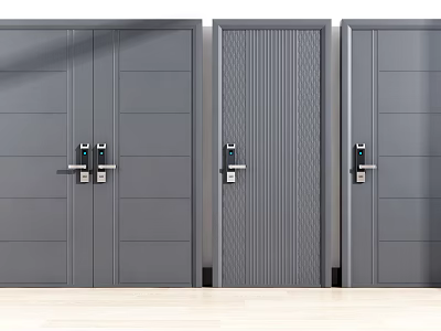 Modern Gray Security Doors With Smart Locks And Textured Panel Designs 3d model