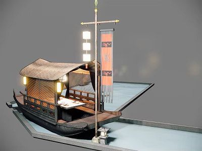 Traditional Wooden Boat With Thatched Roof Lanterns Banner And Wooden Railings Moored On Water 3d model