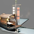 Traditional Wooden Boat With Thatched Roof Lanterns Banner And Wooden Railings Moored On Water