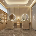 Modern Beauty and Hair Salon Interior with Green Chairs Beige Armchairs Mirrors and Product Shelves