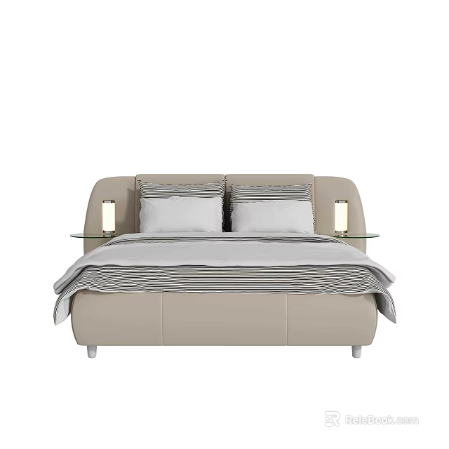 Modern Double Bed With Light Beige Leather Upholstery And Bedside Lamps 3d model 
