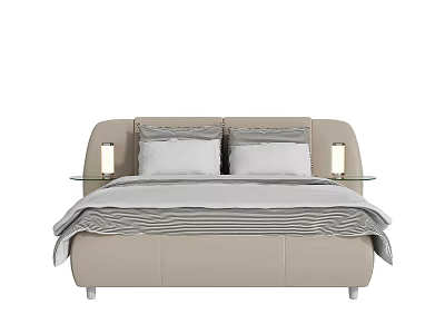 Modern Double Bed With Light Beige Leather Upholstery And Bedside Lamps 3d model