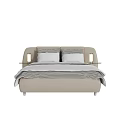 Modern Double Bed With Light Beige Leather Upholstery And Bedside Lamps