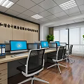 Bright Public Office Space With Computer Monitors Office Desks Wooden Flooring And Green Plants