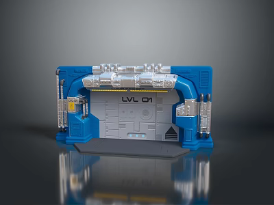 Blue Sci Fi Gate With Silver Metal Structure And LVL 01 Signage 3d model