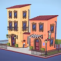 Cartoon Scene With Yellow Orange Buildings Red Roofs Pizza Shop Striped Awning And Street Lamp