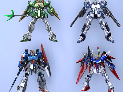 Four Colorful Mecha Robot Models With Various Weapons And Designs 3d model