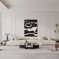 Modern Living Room Interior With Beige Sofa Black Coffee Table Abstract Painting And Green Plant