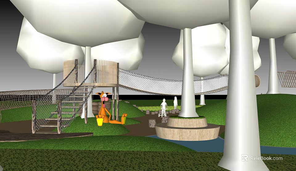 Fun Playground Equipment With Wooden Climbing Structure Net Bridge Cloud Like Trees And Green Grass 3d model 