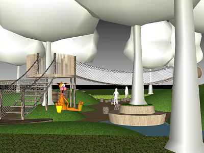 Fun Playground Equipment With Wooden Climbing Structure Net Bridge Cloud Like Trees And Green Grass 3d model