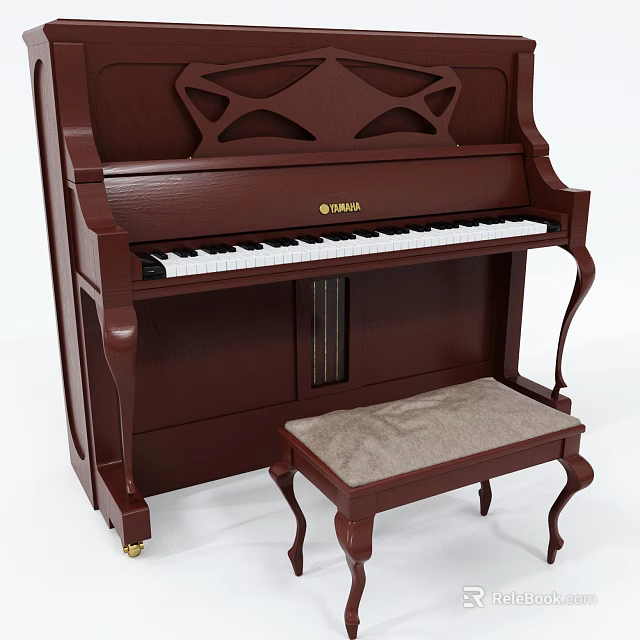 Classic Brown Yamaha Piano Musical Instrument With Carved Details And Matching Stool 3d model 