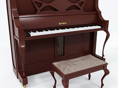 Classic Brown Yamaha Piano Musical Instrument With Carved Details And Matching Stool 3d model