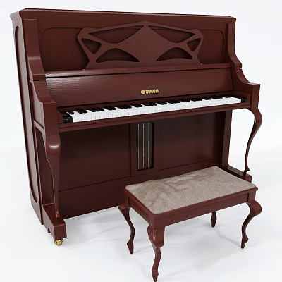 Classic Brown Yamaha Piano Musical Instrument With Carved Details And Matching Stool 3d model