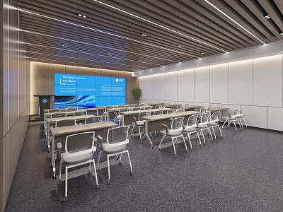 Modern Meeting Room Interior Design With Rectangular Tables White Chairs And Projection Screen 3d model