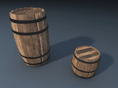 Rustic Wooden Barrel Decorative Ornament Set With Large And Small Black Metal Hoops 3d model