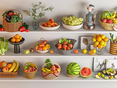Fresh Colorful Assorted Fruits on Shelves with Baskets of Apples Bananas Grapes and Watermelon 3d model