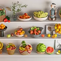 Fresh Colorful Assorted Fruits on Shelves with Baskets of Apples Bananas Grapes and Watermelon