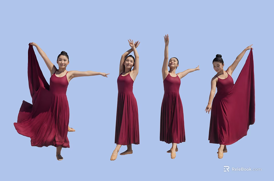 Group of Women Dancing in Red Long Dresses with Various Poses Against Light Blue Background 3d model 