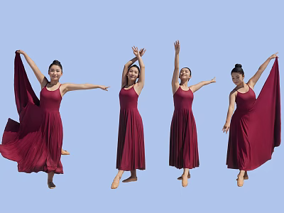 Group of Women Dancing in Red Long Dresses with Various Poses Against Light Blue Background 3d model