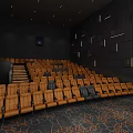 Modern Cinema Interior Design With Comfortable Seats Screen Warm Lighting And Patterned Carpet 3d model