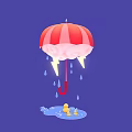 Cartoon Scene with Red and White Striped Umbrella Lightning Raindrops and Yellow Ducklings in Puddle