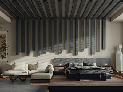 Hotel Guest Room Interior With Dark Wooden Slat Ceiling Seating Area And Sculpture 3d model