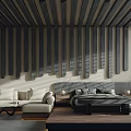 Hotel Guest Room Interior With Dark Wooden Slat Ceiling Seating Area And Sculpture