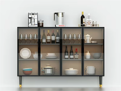 Modern Black Sideboard With Glass Doors Storage For Dinnerware Wine Bottles And Kitchen Appliances 3d model