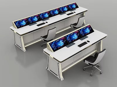 Modern Functional Desk Design With Multiple Screens Swivel Chairs And LED Lights 3d model