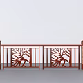 Elegant Red Decorative Railing Featuring Intricate Leaf Carved Patterns and Strong Posts 3d model