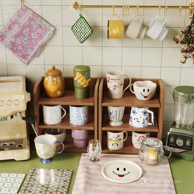 Kitchen Tableware Set With Wooden Rack And Mugs 3d model 