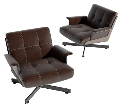 Brown Leather Single Sofa With Stitched Design Armrests And Metal Base Modern Style 3d model