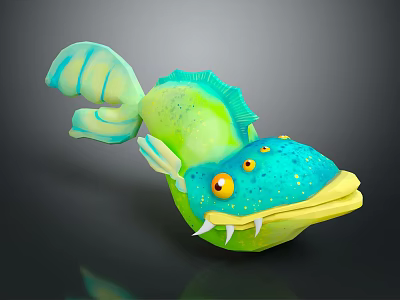 Vibrant Blue Green Yellow Fish With Spotted Body Big Orange Eyes Sharp White Teeth 3d model