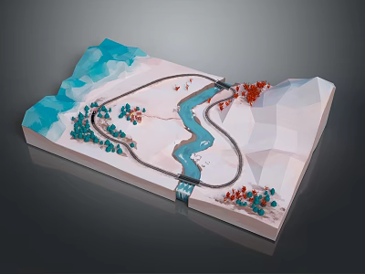 Cartoon Pop-up Book Scene with Mountains River Train Track and Trees 3d model