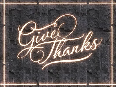 Illuminated Lighting Combination Featuring Handwritten Give Thanks Text and Glowing Frame on Black Stone Wall 3d model