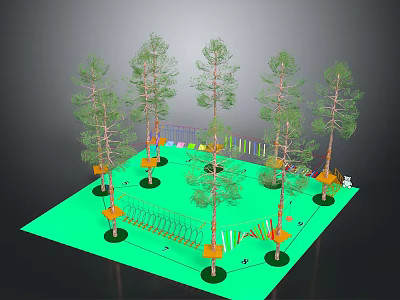 Outdoor Play Area With Pine Trees Green Surface Climbing Structures And Colorful Equipment 3d model